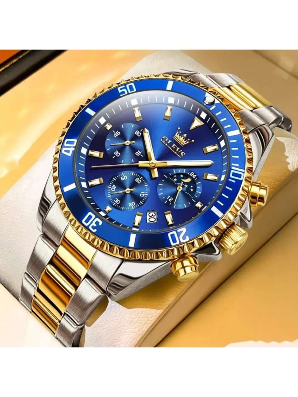 Men's Silver Blue Stainless Steel Chronograph Analog Waterproof Luxury Watch
